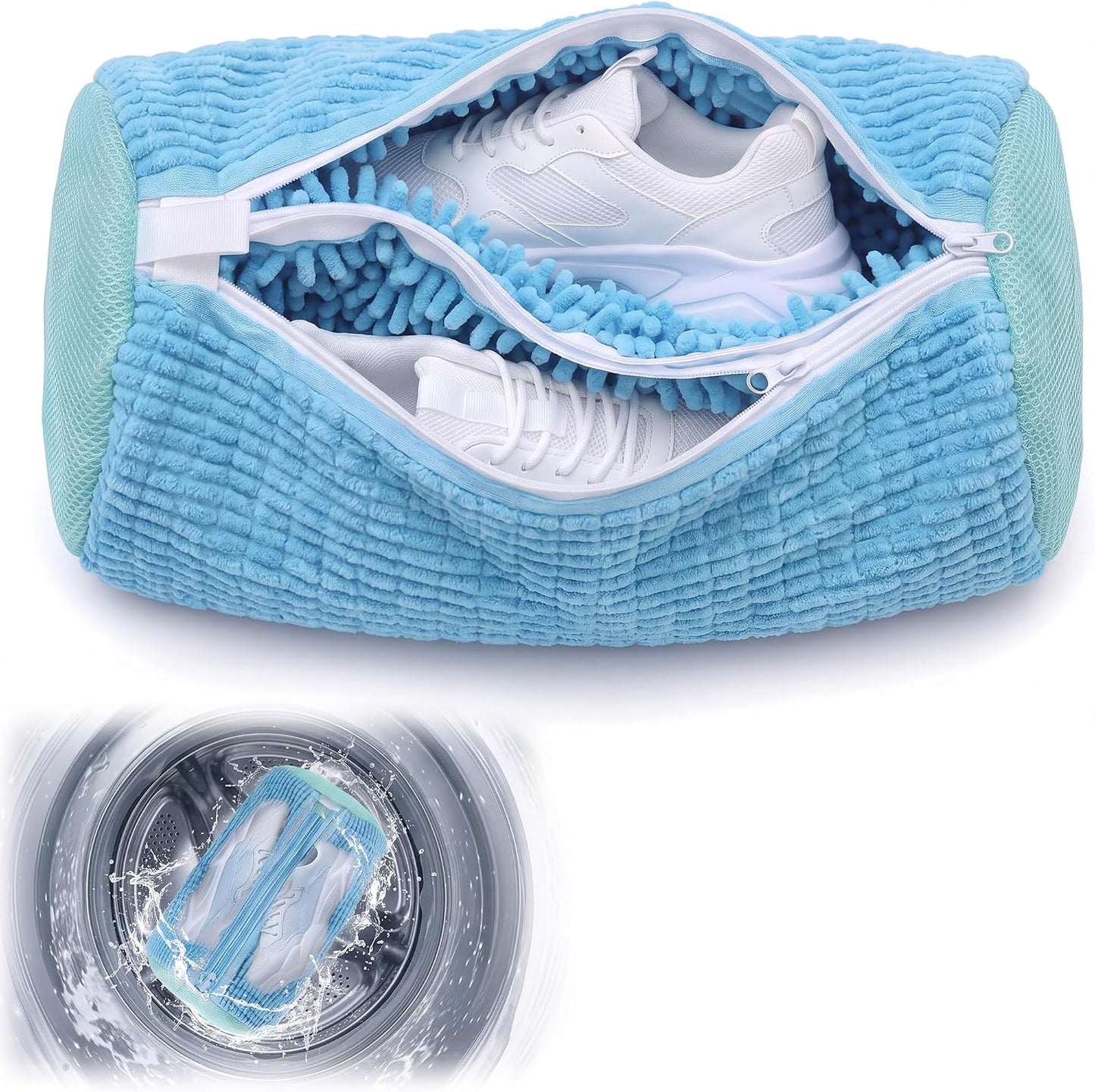 Dual Shoe Washing Machine Bag for Washer and Dryer Holds 2 Shoes (Yellow) | Reusable Laundry Shoe Bag with Microfiber Brushes, 360° Deep Cleaning, Self-Locking Zipper,Sneaker Tennis Shoe Cleaning Bag