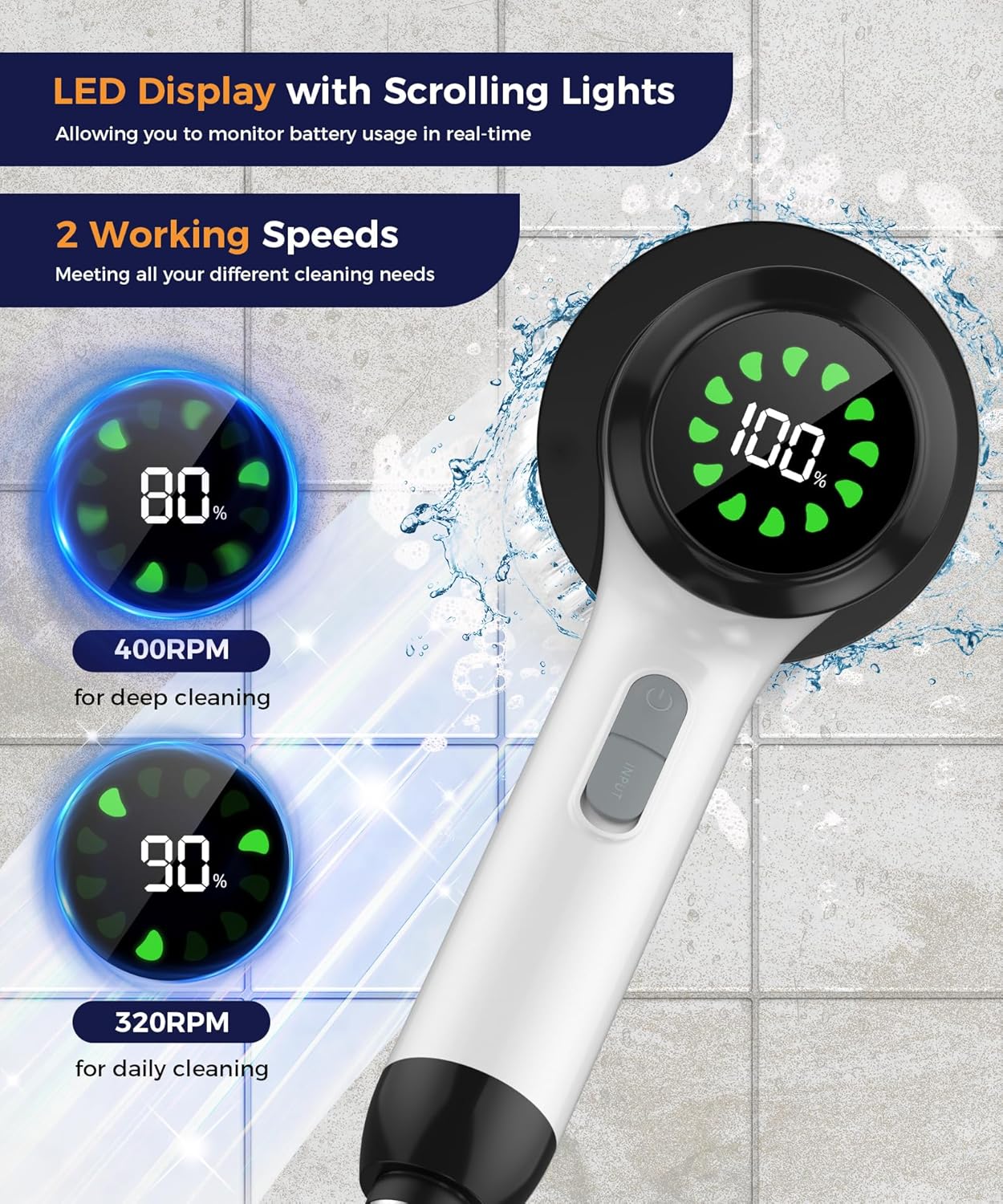 Cordless Electric Spin Scrubber, 8-in-1 Bathroom Cleaner | Bathroom scrubber, LED display, dual speeds, IPX7 waterproof, interchangeable heads for grout, tub, shower, wet-dry vacuum