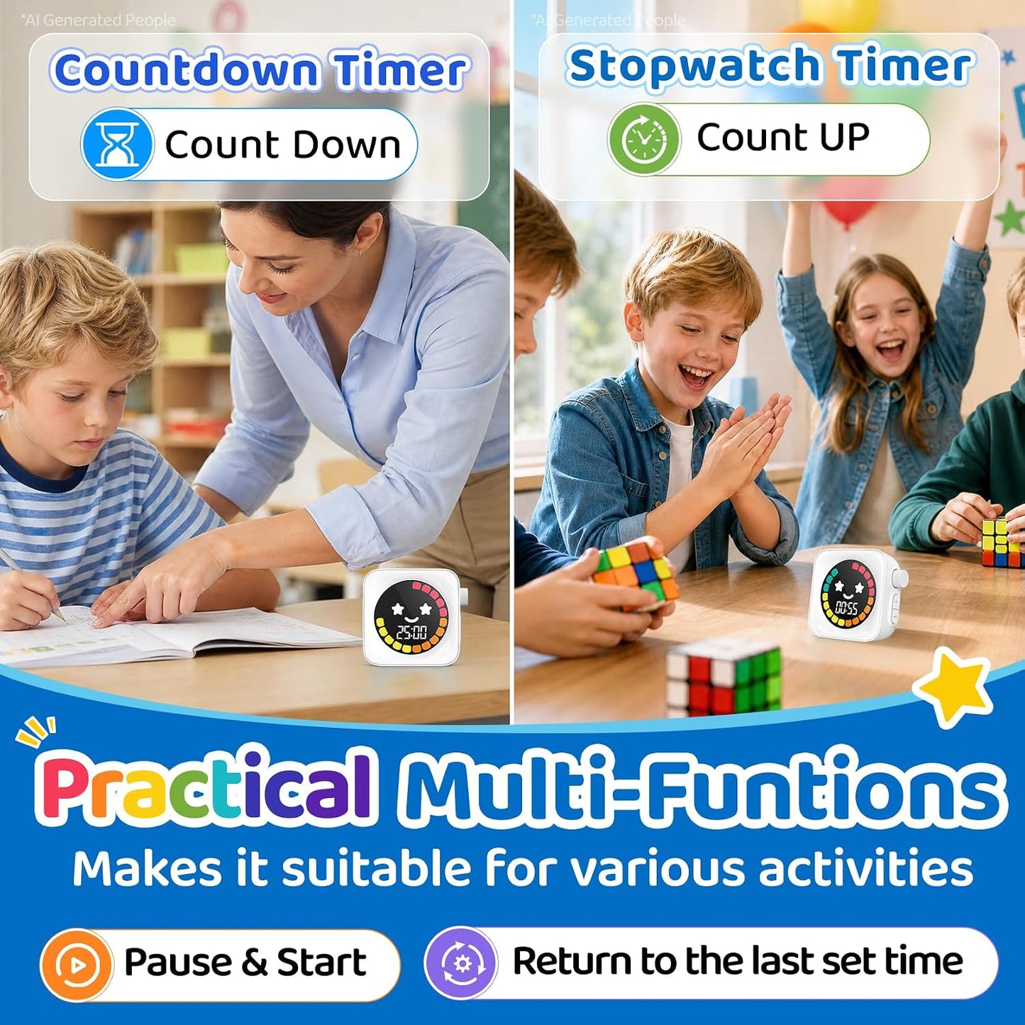 Visual Timer for Kids, 99 Minute Digital Cute Kids Visual Timer Classroom Timer for Homeschool Supplies Study Teaching Time Management Tool Countdown Productivity Timer, Blue, Colorful Display