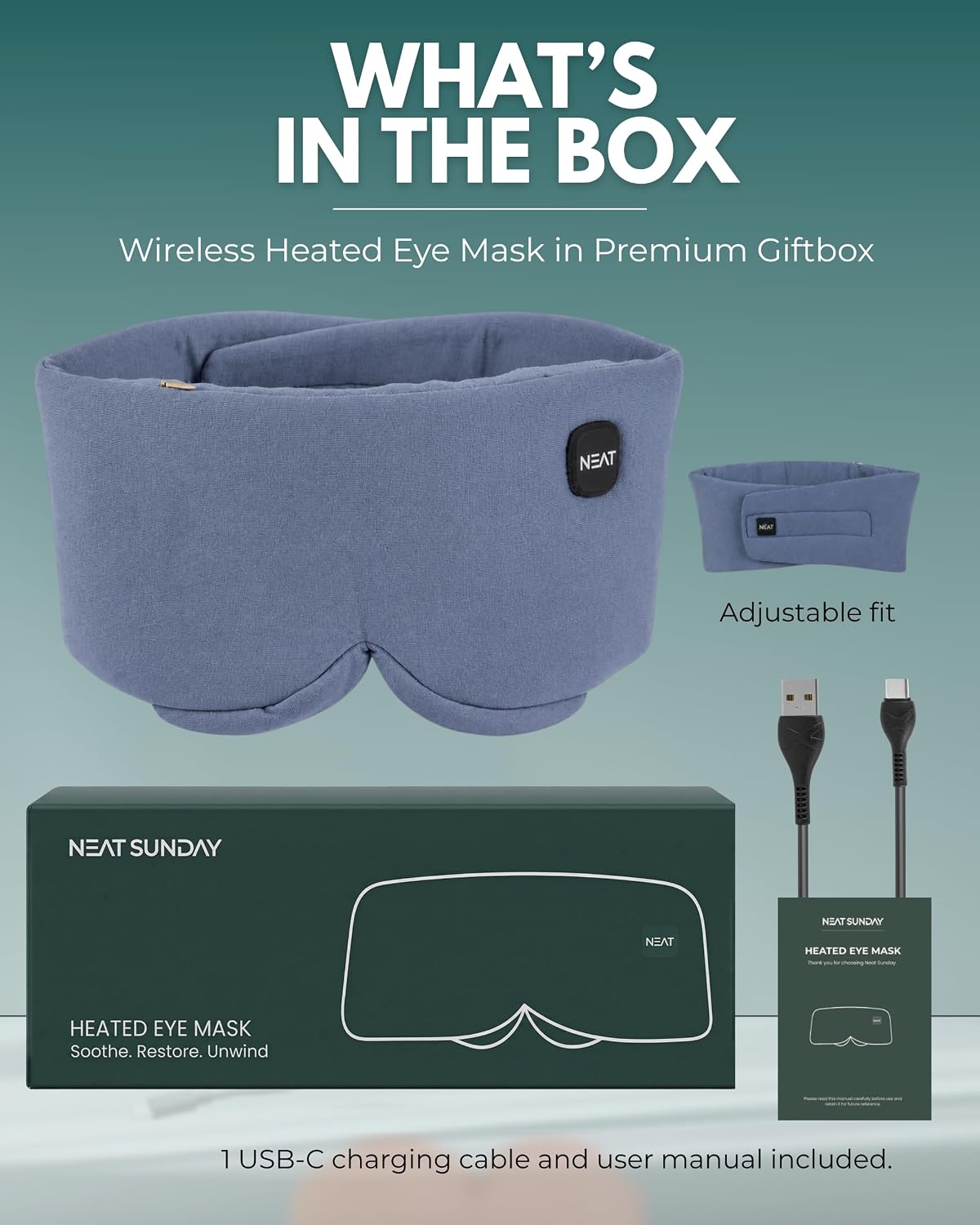 Heated Eye Mask – Cordless Electric Warm Eye Compress for Dry Eyes, Stye & Eye Strain Relief – 4 Heat Settings, Rechargeable, Light-Blocking, Blackout, Washable Cover (Ocean Stone)