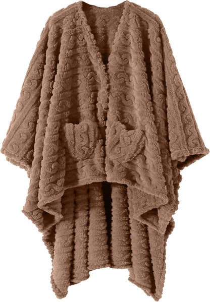 Wearable Blanket Sherpa Fleece Shawl Blanket with Pockets Blanket Poncho Cape for Adults, Cozy Shawl TV Throw Blankets