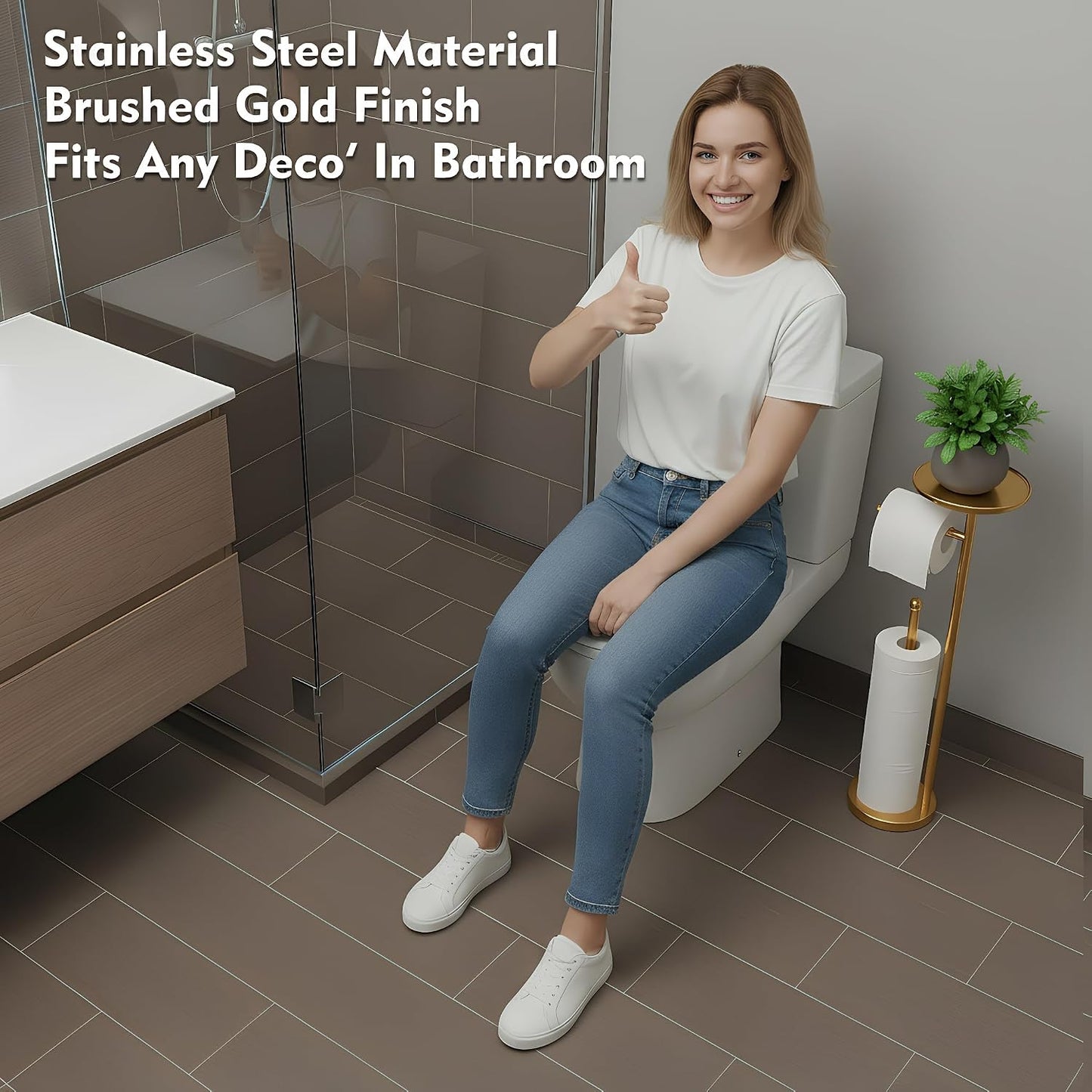Gold Toilet Paper Holder with Shelf, Tissue Roll Holder Stand with Storage for Holding Extra 4 Toilet Paper Rolls, Stainless Steel Rustproof Freestanding (Brushed Gold)