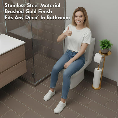 Gold Toilet Paper Holder with Shelf, Tissue Roll Holder Stand with Storage for Holding Extra 4 Toilet Paper Rolls, Stainless Steel Rustproof Freestanding (Brushed Gold)
