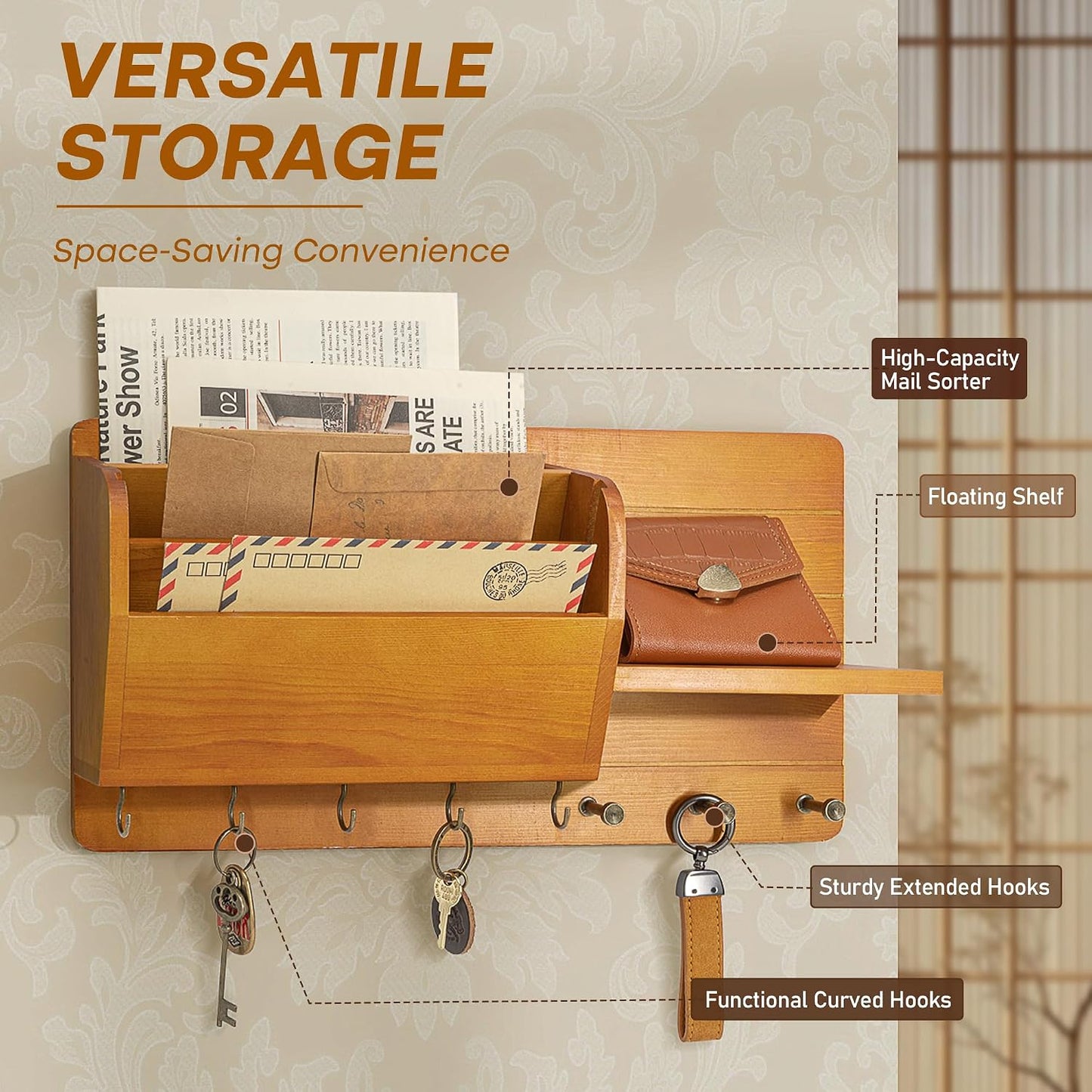Rebee Vision Pine Wood Key Holder Wall Mount with Mail Sorter, Light Brown | Display Shelf, 8 Key Hooks, 3 Mail Sorters, Mail Organizer for Letters, Papers, Key Holder for Wall, Keep Entryways Tidy