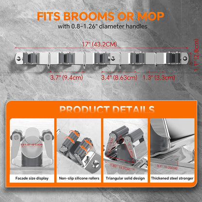 4 Pack Stainless Steel Mop and Broom Holder Wall Mount with Hook, Silver | Screw Drilling or Self Adhesive Storage Rack for Closet Laundry Garage Garden Tool Organizer