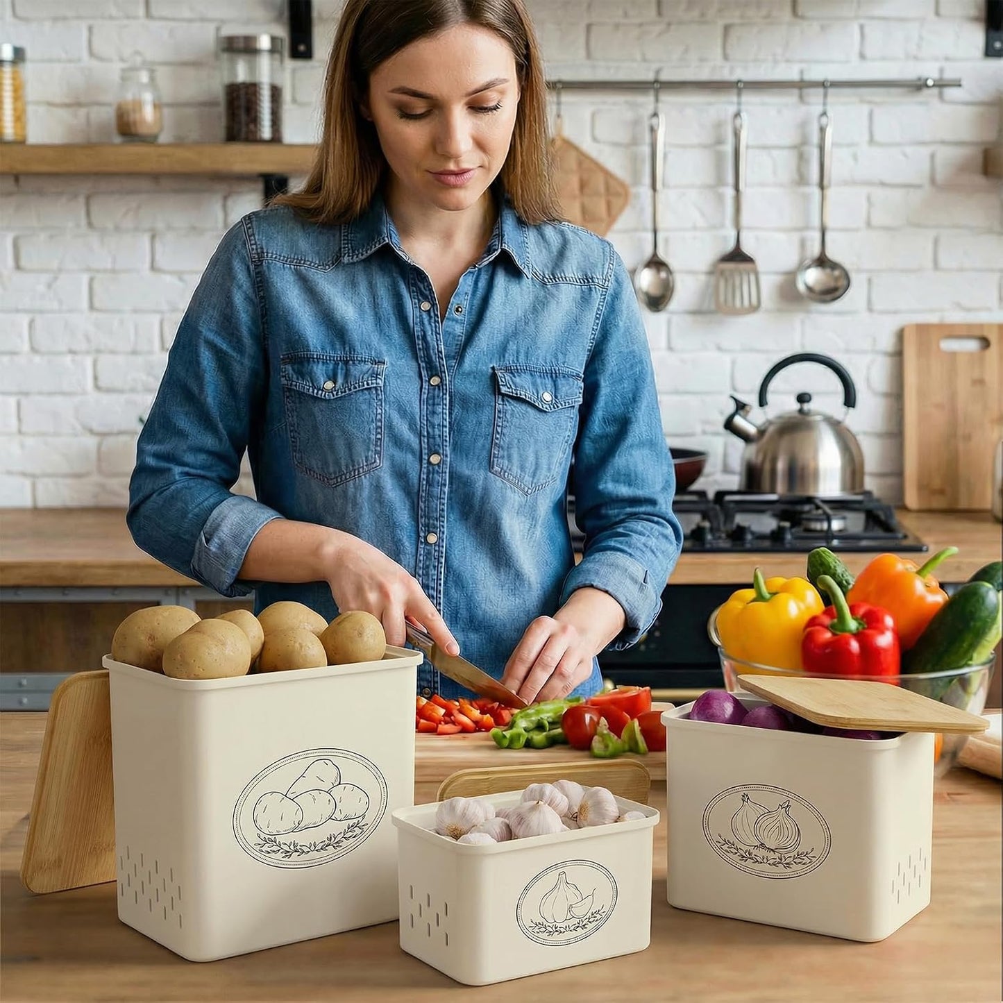 Lifewit Plastic Potato and Onion Storage Bin Box, Set of 3, White | Stackable Garlic Keeper, Vegetable Container Box, Aerating Holes & Lid for Pantry Countertop