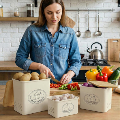 Lifewit Plastic Potato and Onion Storage Bin Box, Set of 3, White | Stackable Garlic Keeper, Vegetable Container Box, Aerating Holes & Lid for Pantry Countertop