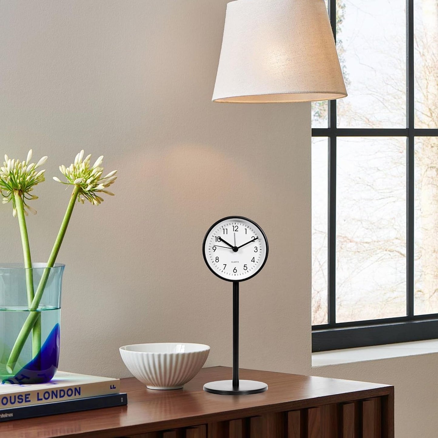 Alarm Clock for Bedroom, 3.2" Small Analog, Black | Silent Non Ticking, Battery Operated, Vintage Retro Design, Night Light, Easy to Read