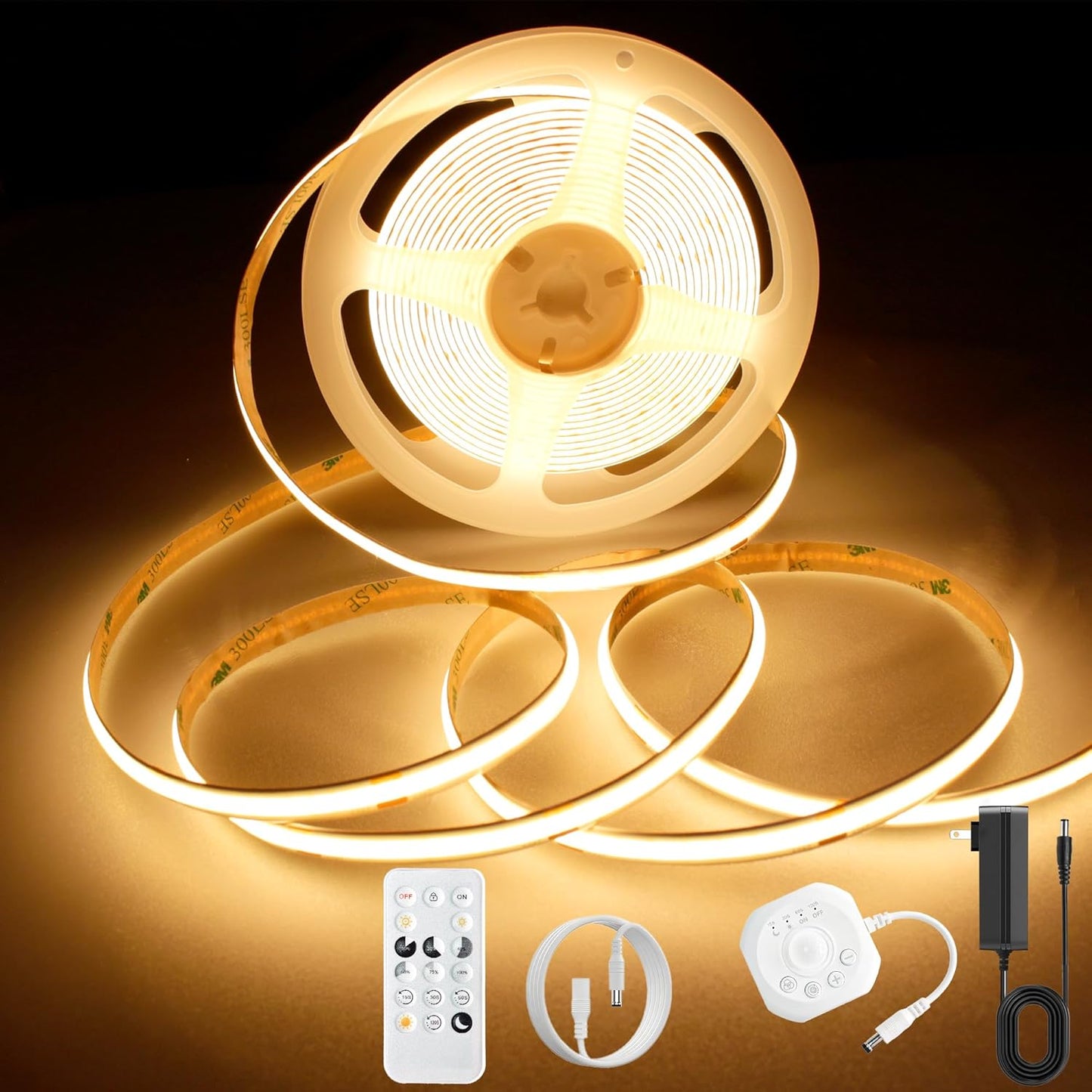 AXMOTUT Motion Sensor COB LED Strip Lights with Remote, 24V 9.84ft Natural White Dimmable LED Light Strips, High Bright 4000K LED Lights with Power Supply for Room, Kitchen, DIY Home Decoration