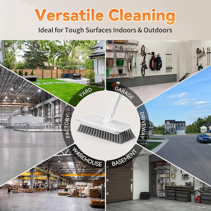 Floor Scrubber, Stainless Steel Wire Scrub Brush with Long Handle | Sturdy, with Squeegee, Deep Cleaning for Concrete, Patio, Driveway, Garage Floor, Pavers, Grout & Moss Removal