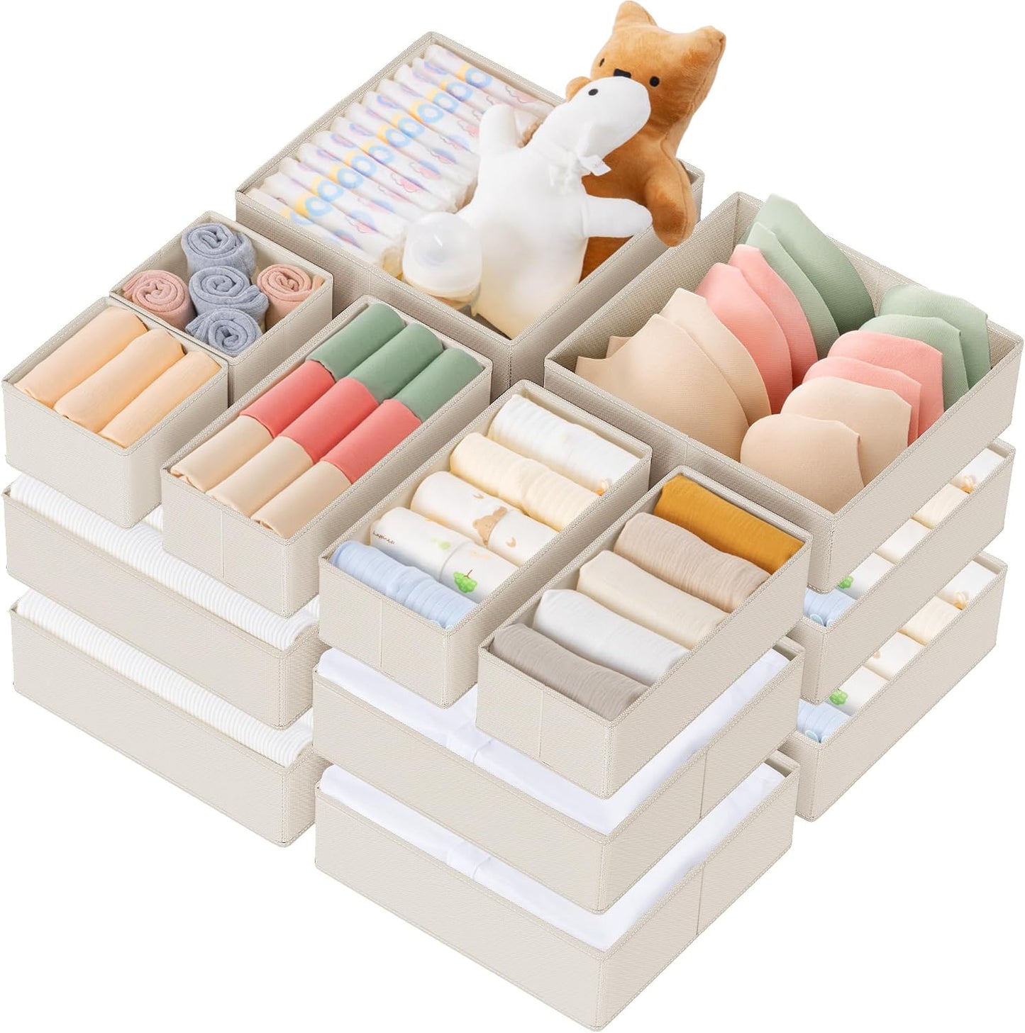 Drawer Organizer Clothes, 10 Pack Dresser Organizer for Baby Clothes, Underwear, Sock- Foldable Closet Organization and Storage Dividers Bins for Nursery, Bedroom (Beige)