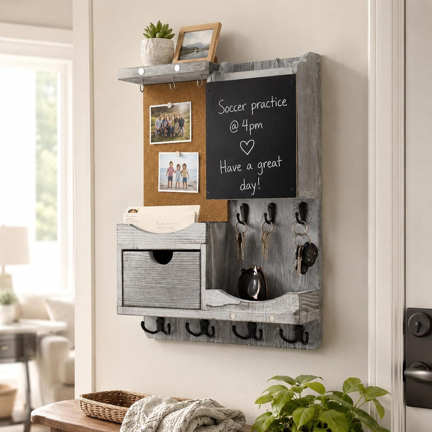 Key Holder for Wall Mount with Shelf and Mail Organizer, Key and Mail Holder with 16 Hooks, Farmhouse Entryway Organizer, Home Decor Rack (Pine Wood, White Washed)