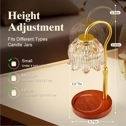 Dreamholder Electric Candle Warmer Lamp with Timer & Dimmer, Adjustable Height Wax Melt Warmer for Jar Candles, Wood Base Candle Melter, Floral Home Decor Gifts for Women, Mom, Natural Wood