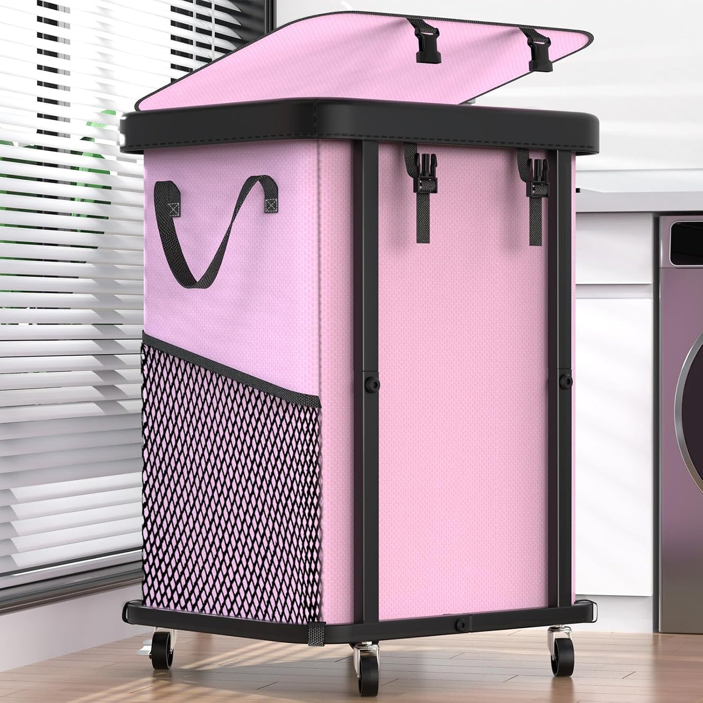 Laundry Hamper with Wheels,150L Leather Patchwork Clothes Hamper Black | Rolling Laundry Basket with Sturdy Metal Frame, Removable Washable Bag,Tall Clothes Sorter for Bedroom, Laundry Room, Dorm