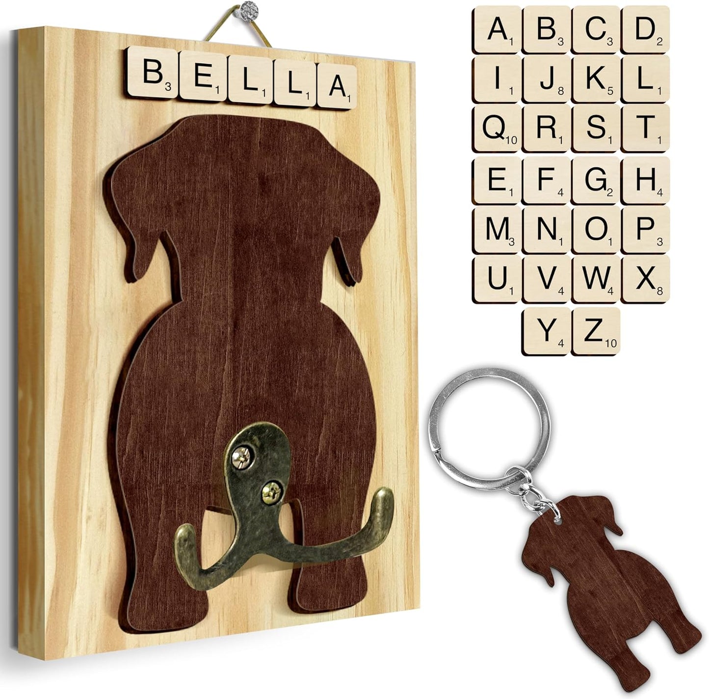 Dog Leash Holder Wall Mount, Pet Harness Hanger with Scrabble Letters, Dog Collar Organizer for Entryway, Memorial Cat Leash Holder for Wall, Pet Loss Gifts, Keepsake, Home Decor PF212-NAT