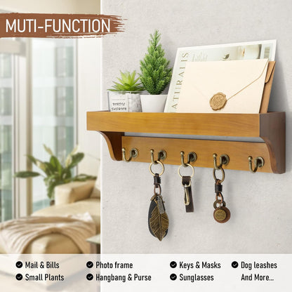 Rebee Vision Key Holder Wall Mount with 5 Hooks for Entryway, Retro Brown | Display Shelf for Plant & Letters, Key Shelf for Hats, Dog Leashes, Mail Organizer, Decorative Entryway & Living Room
