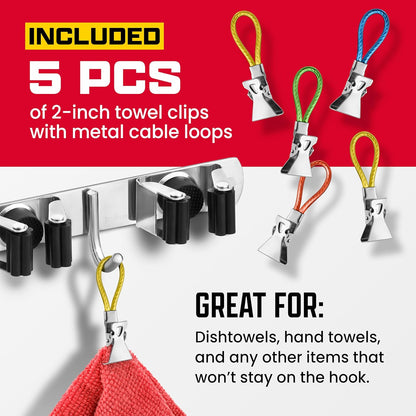 Wall Mount Hanger for Brooms & Mops - Adhesive Stainless Steel Mops & Broom Holder, 4 Clamps, 3 Hooks, & 5 Towel Hanger Clips Including Mounting Hardware for Utility Room Organization