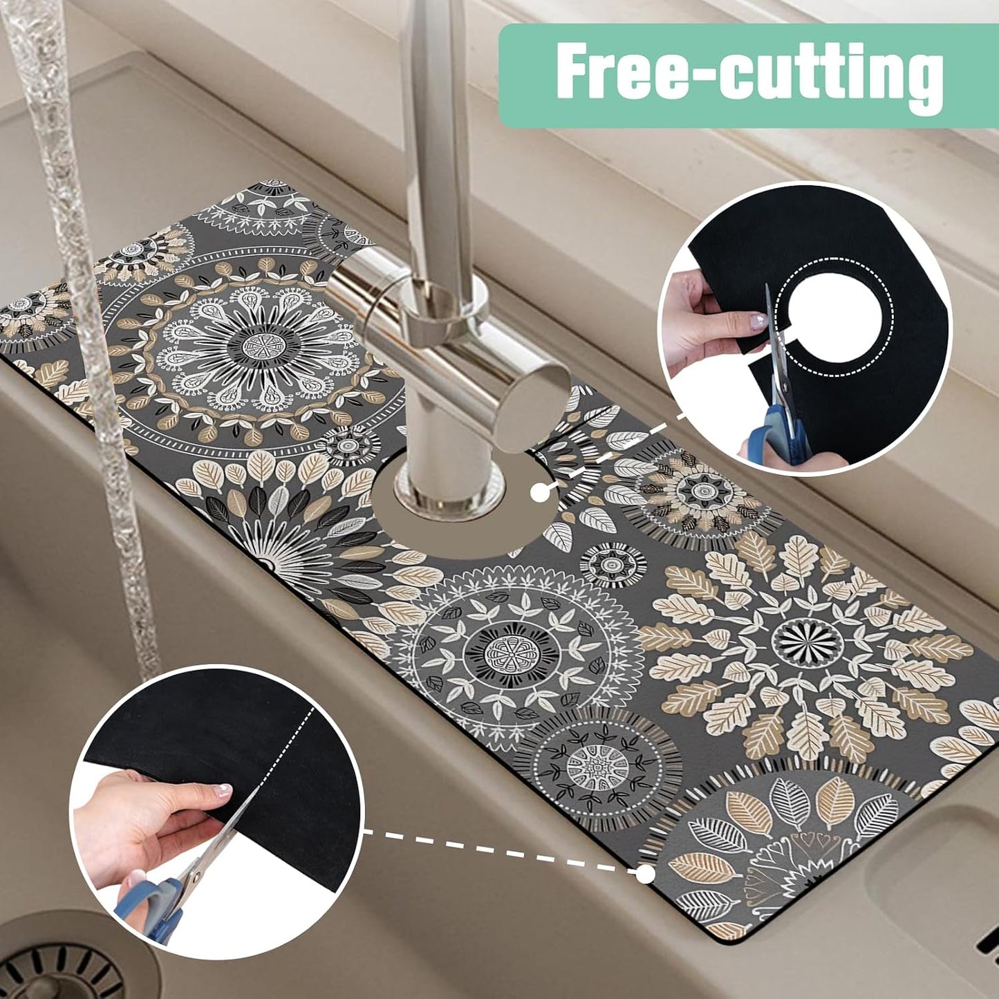 Kitchen Sink Splash Guard Faucet Mat 24" X 5.5" Tropical Leavesl Absorbent Fast Drying Mat Faucet Draining Mat Sink Splash Guard Behind Faucet Drip Catcher for Kitchen Bathroom