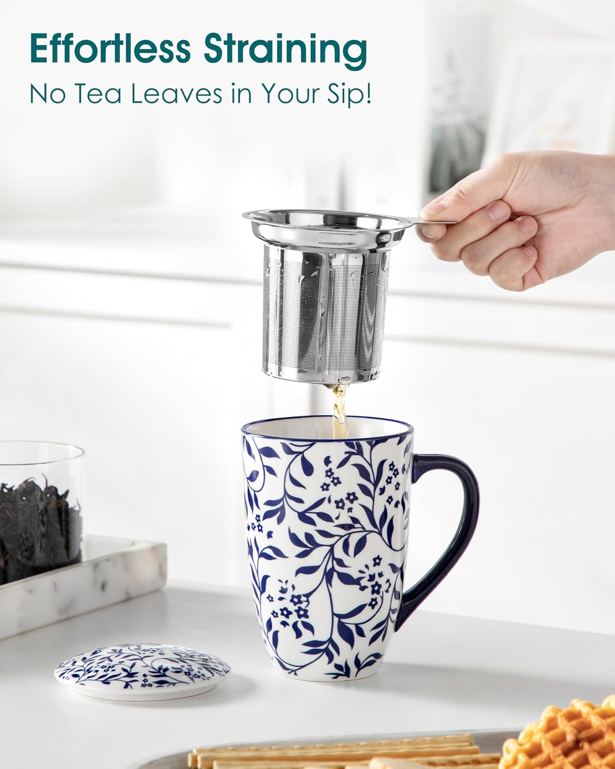 vancasso SELENE Porcelain Tea Mug, 18 oz Porcelain Tea Cup with Infuser and Lid Steeps Loose Leaf Tea, Microwave & Dishwasher Safe, Five-Leaf Clover