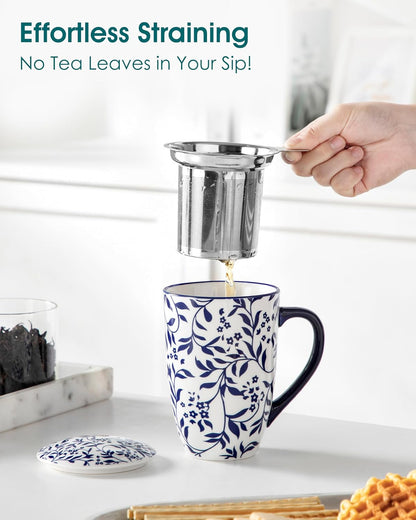 vancasso SELENE Porcelain Tea Mug, 18 oz Porcelain Tea Cup with Infuser and Lid Steeps Loose Leaf Tea, Microwave & Dishwasher Safe, Five-Leaf Clover