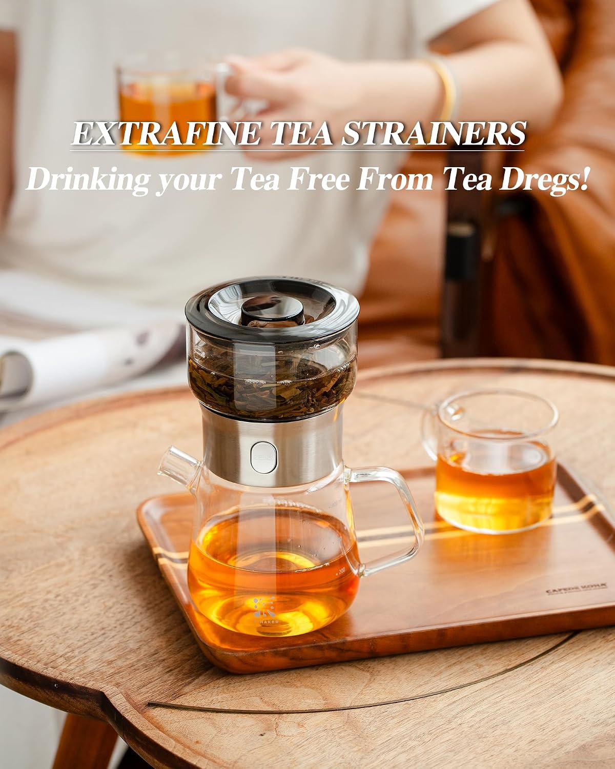 ZENS Glass Infuser Teapot, One Touch Tea Maker for Loose Leaf Tea, Walnut