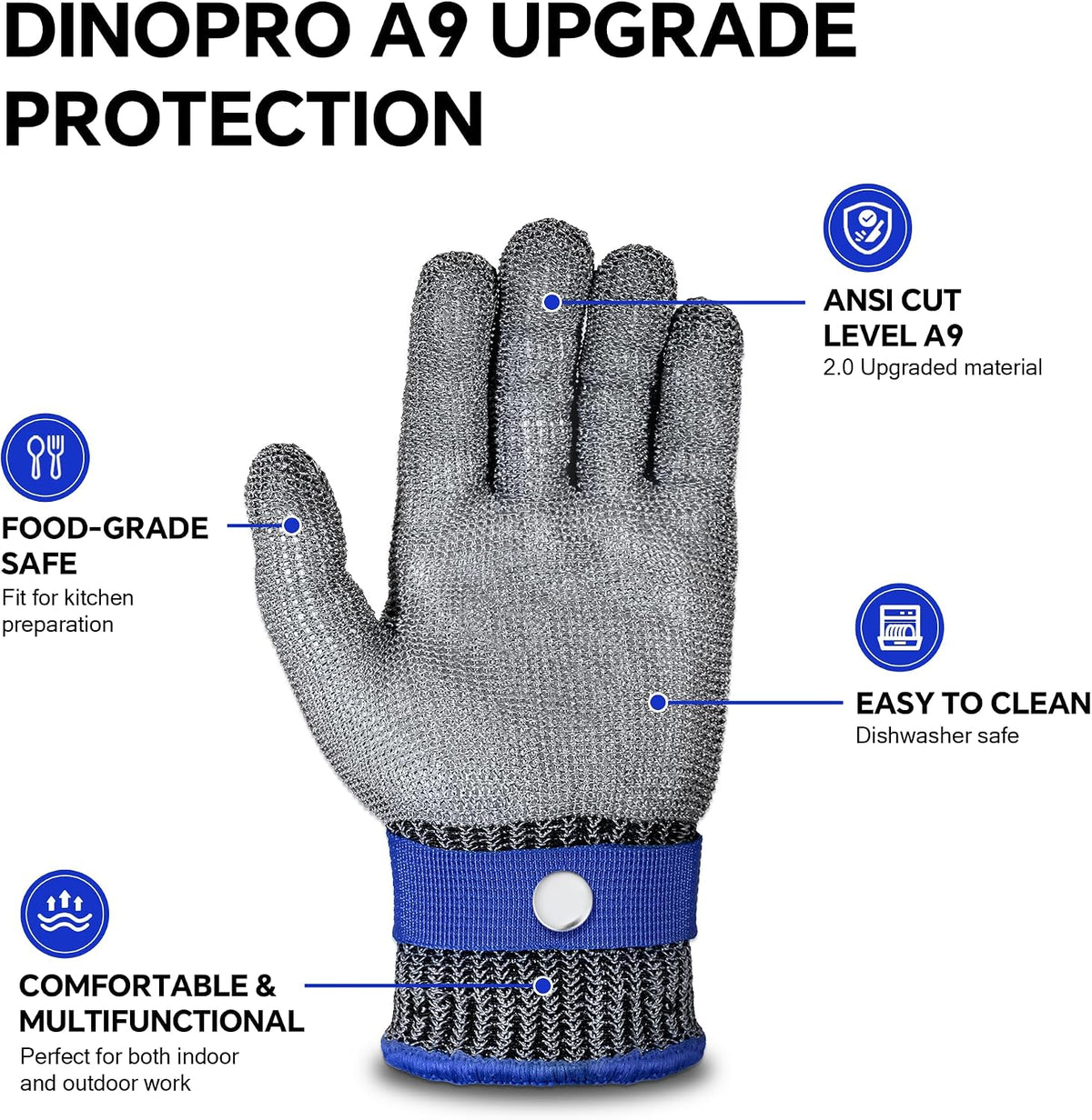 ZEEGO ANSI A9 Cut Resistant Glove, Food Grade Stainless Steel Mesh Metal Glove, Suitable for Mandoline, Kitchen Cooking,Butcher Meat Cutting and Oyster Shucking(Large Size)