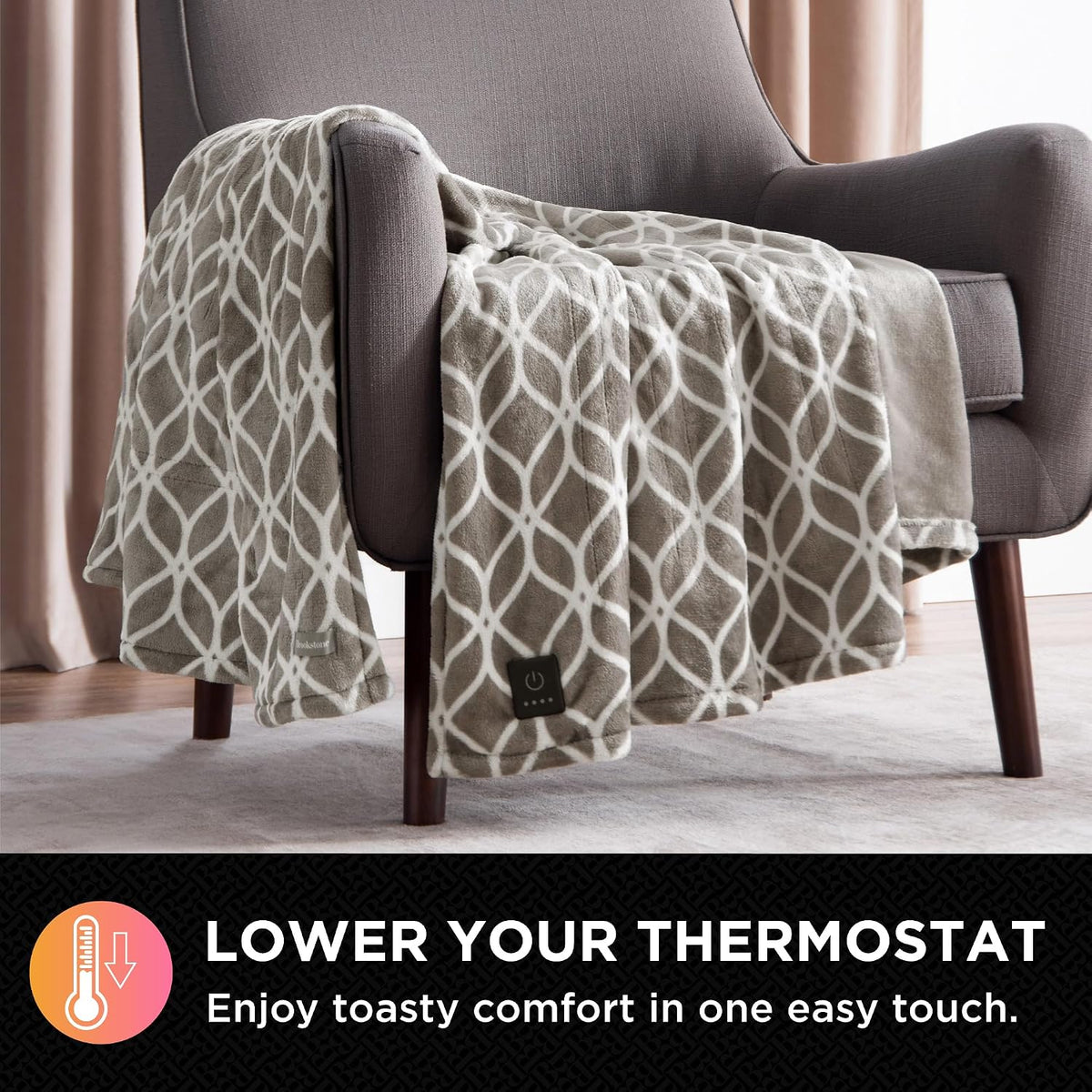 Brookstone Electric Heated Plush Throw Blanket, 50 x 60 in, Blue Trellis