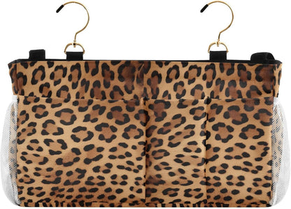 YETTASBIN Leopard Print Bedside Caddy Hanging Storage Organizer Bag with 2 Straps & Hooks for Bunk Beds, College Dorm, Hospital Bed - Holder for Books, Phone, Magazine, Glasses, Keys