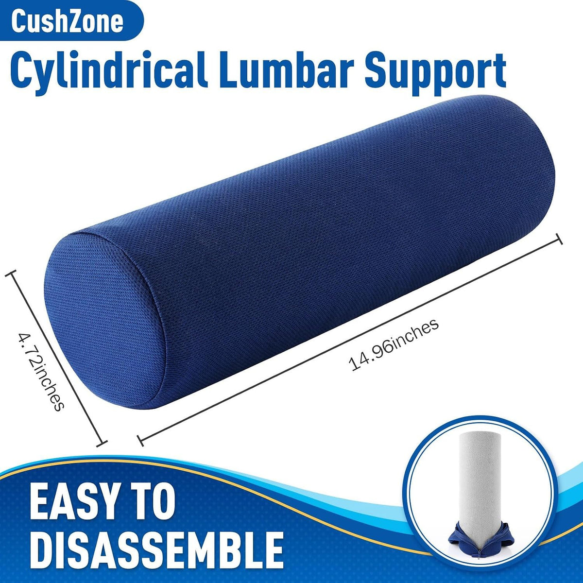 CushZone Lumbar Roll Support Pillow, Memory Foam Back Cushion, Black