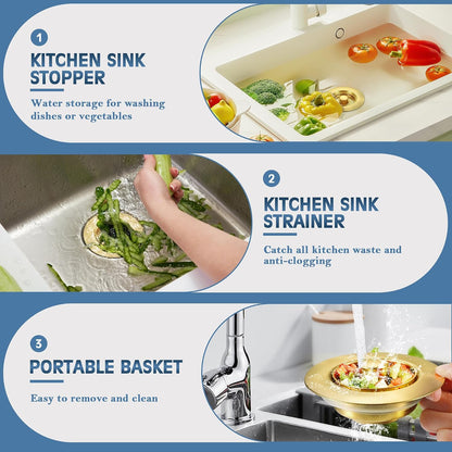 TGOSOMT Kitchen Sink Drain Strainer Stopper, Anti-Clog & Quick Drain | 3-IN-1 Design, Stainless Steel 304, Removable Strainer Basket, Corrosion & Scratch Resistant, Fits US Standard 3-1/2" Drain