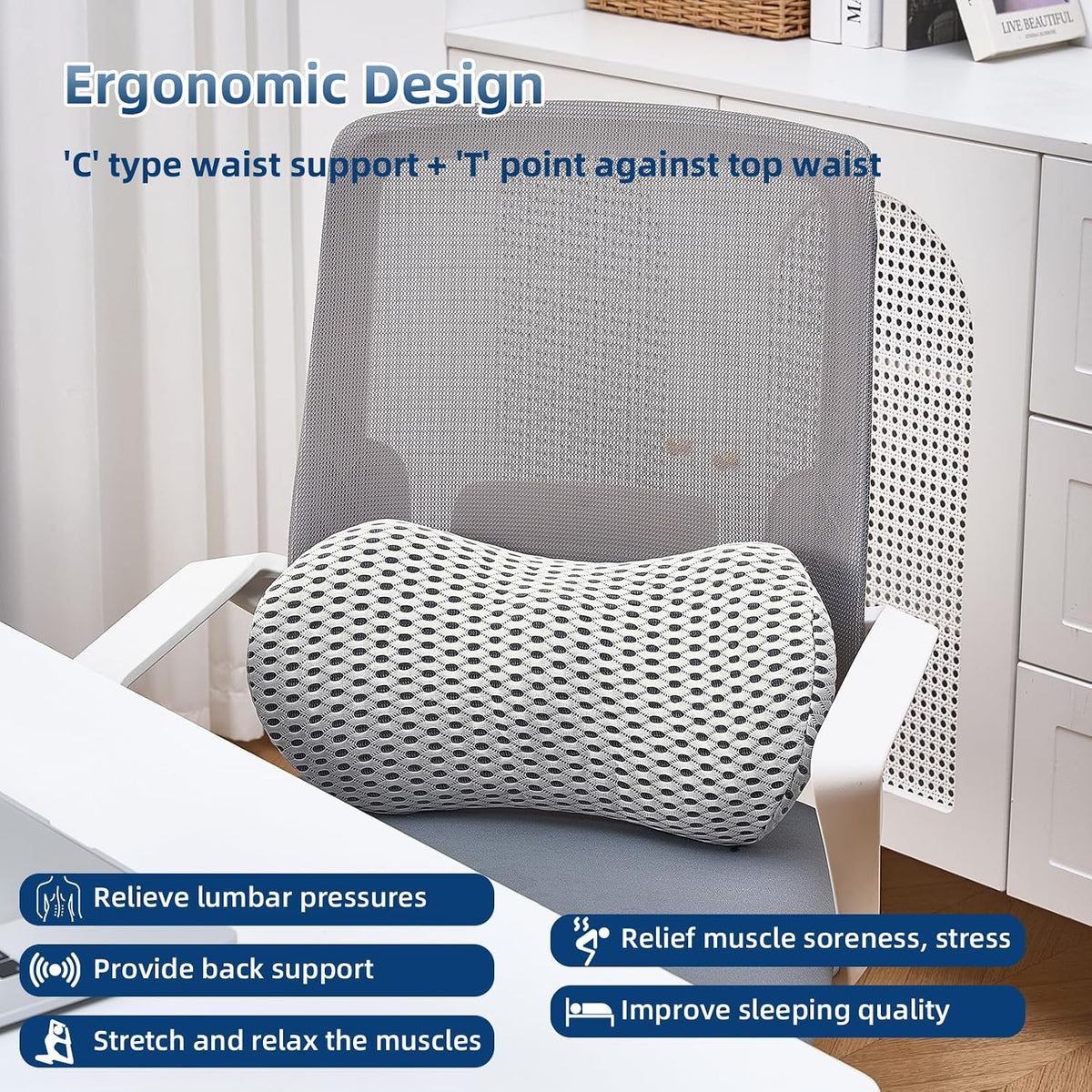 Lumbar Pillow, Memory Foam Lumbar Support Pillow for Office Chair and Car Seat, Ergonomic Streamline Back Pillow for Lower Back Pain Relief, Back Support Pillow for Sitting, Driving, Traveling