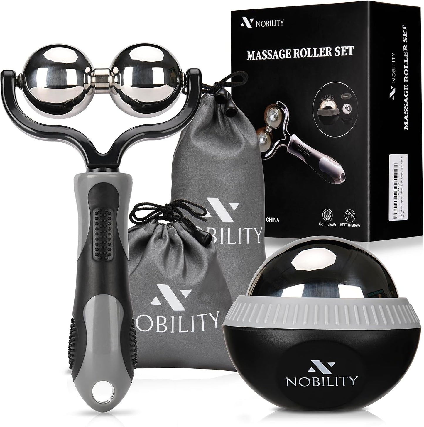 Nobility Massage Ball Roller– Ice Cold and Hot for Deep Tissue and Sore Muscle Relief of Stiffness and Stress, Body, Neck, Back, Foot, Plantar Double Black