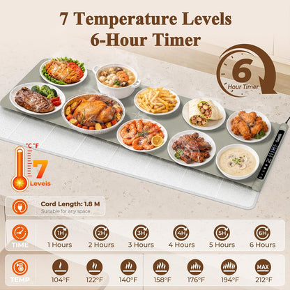 Warming Mat for Food, Electric Warming Tray with Heat-Resistant Pad-L Grey | Colorlife 6 Preset Modes, 7 Temps, 6H Timer, Child Lock, Auto-Memory, Rollable Silicone Food Warmer for Buffet, Parties
