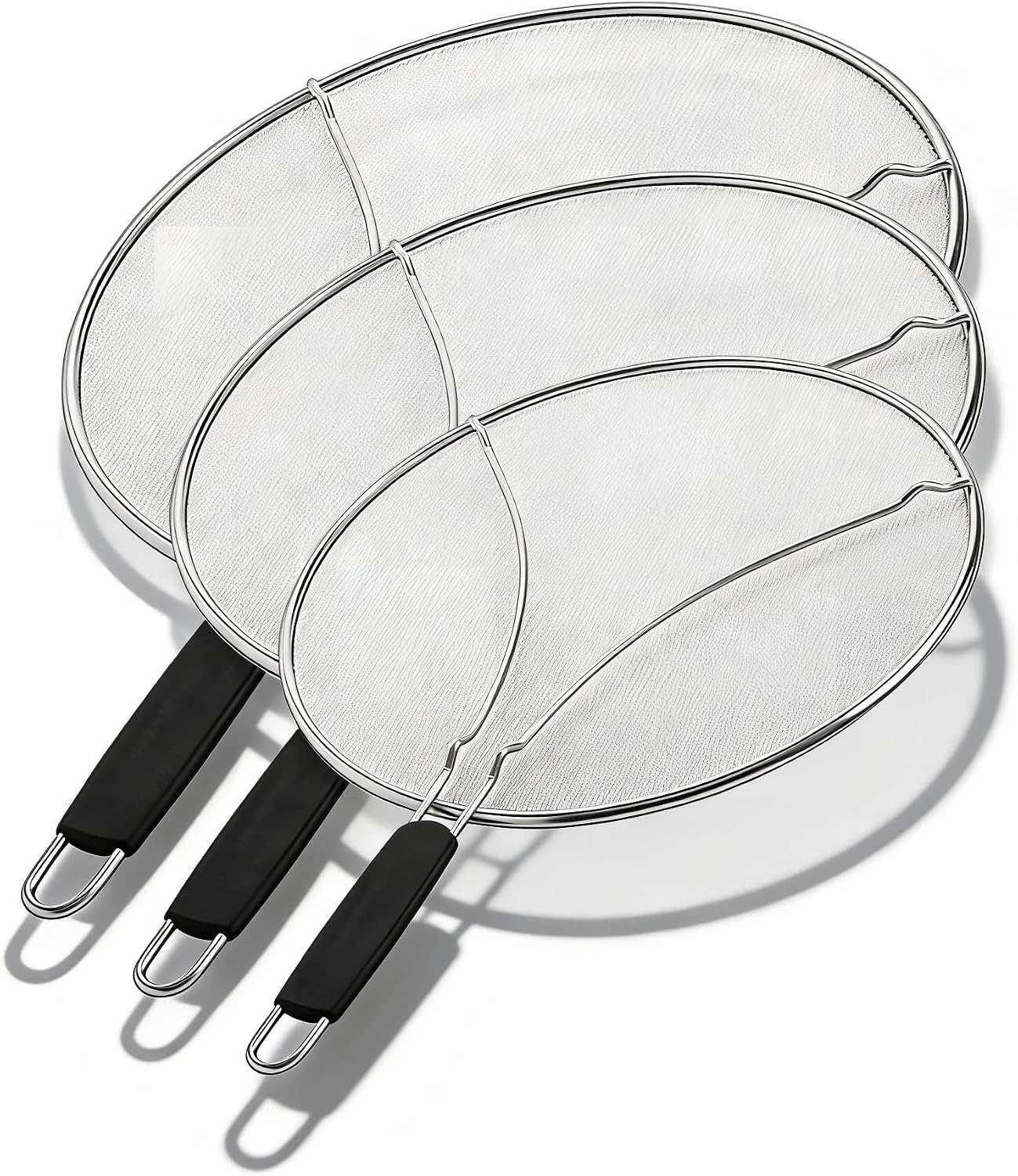 Stainless Steel Splatter Guard Fine Mesh For Pots Frying Pans(15in) | Rust-proof metal mesh blocks oil splashes while venting steam, heat-insulated grip, dishwasher safe, hangable flat storage