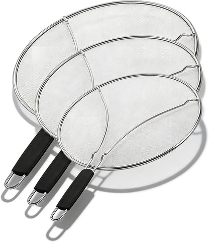Stainless Steel Splatter Guard Fine Mesh For Pots Frying Pans(15in) | Rust-proof metal mesh blocks oil splashes while venting steam, heat-insulated grip, dishwasher safe, hangable flat storage