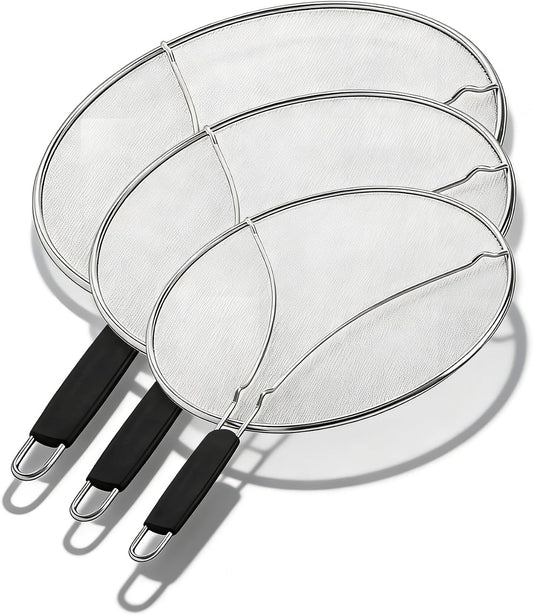 Stainless Steel Splatter Guard Fine Mesh For Pots Frying Pans(15in) | Rust-proof metal mesh blocks oil splashes while venting steam, heat-insulated grip, dishwasher safe, hangable flat storage