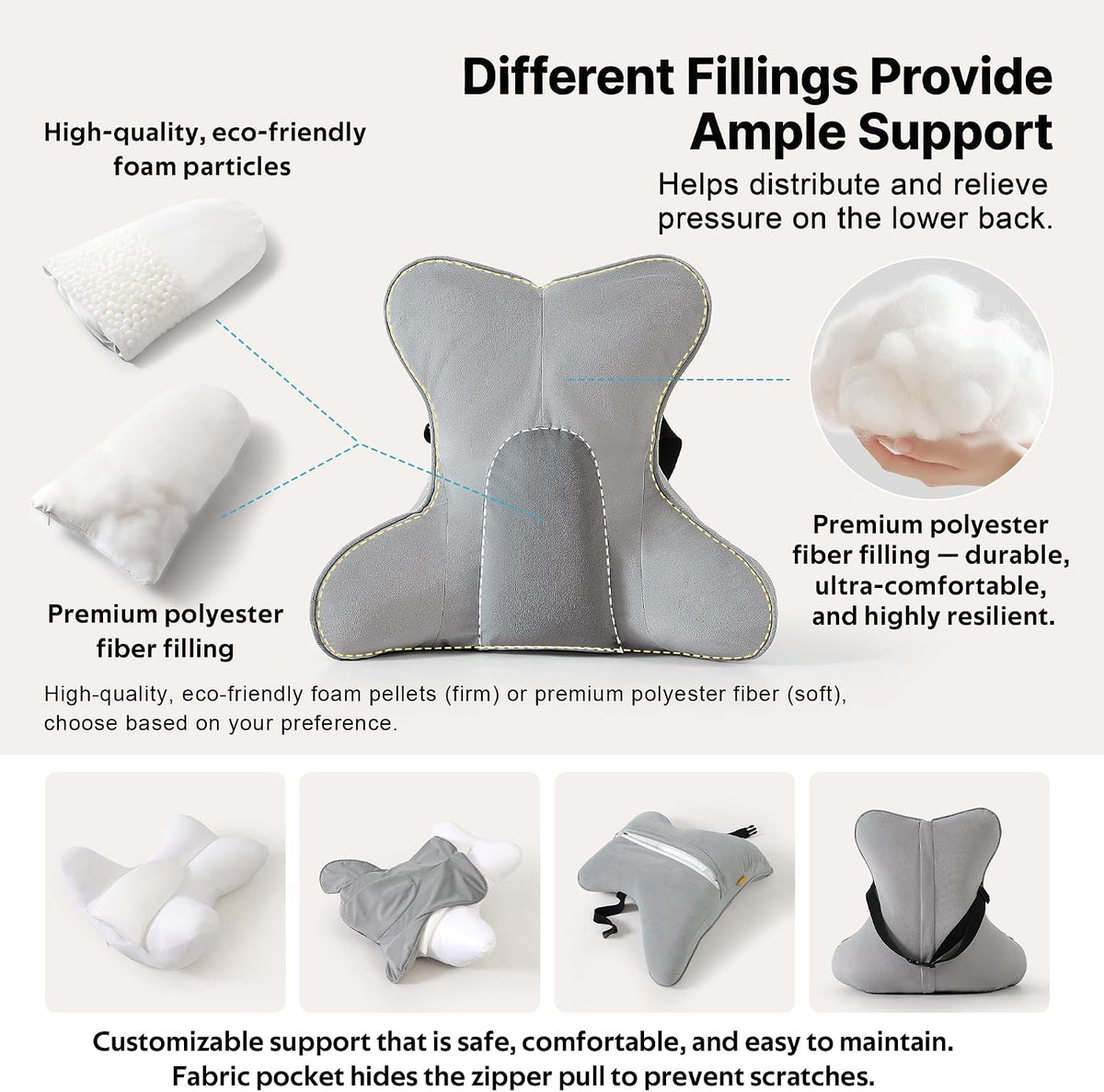 Lumbar Support Pillow(Pat. Pend) – Multi-Functional Ergonomic Back Cushion for Sofa Chair, Car Seat & Sofa, Reading Pillow with Firm Multi-Zone Support to Relieve Lower Back Pain, Misty White