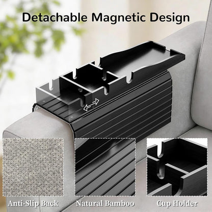 Korser Couch Armrest Table, Sofa Arm Tray with Removable Cup Holder, 2 in 1 Anti-Slip Armrest Tray Table for Couch, Bamboo Foldable Couch Cup Holder for Drinks Snacks Phone Remote Control