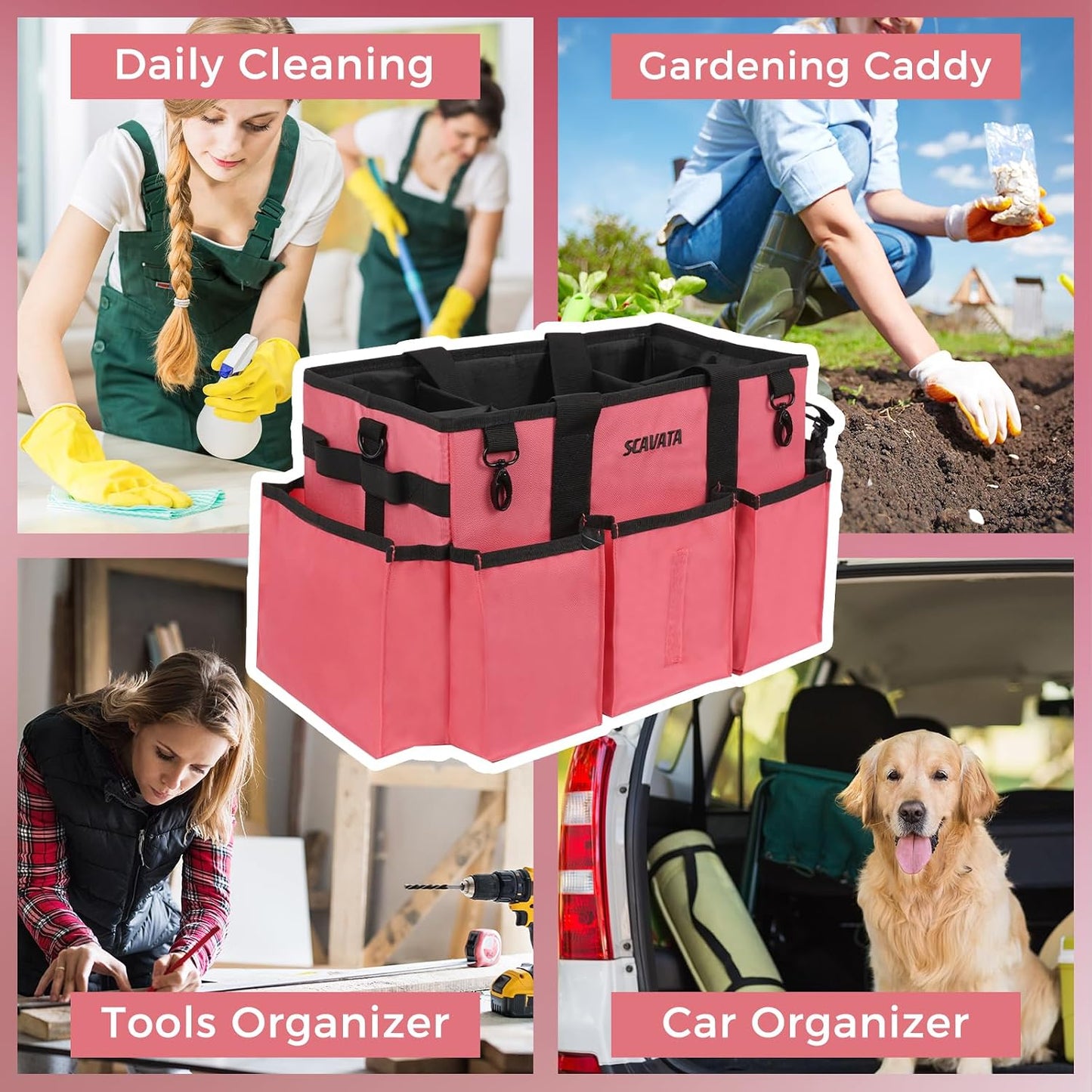 SCAVATA Wearable Cleaning Caddy Bag, Cleaning Caddy Supplies Organizer with Handle & Shoulder Straps for Housekeepers, Under Sink & Car Cleaning Tool Organizers with 4 Foldable Divider (Lake Blue)