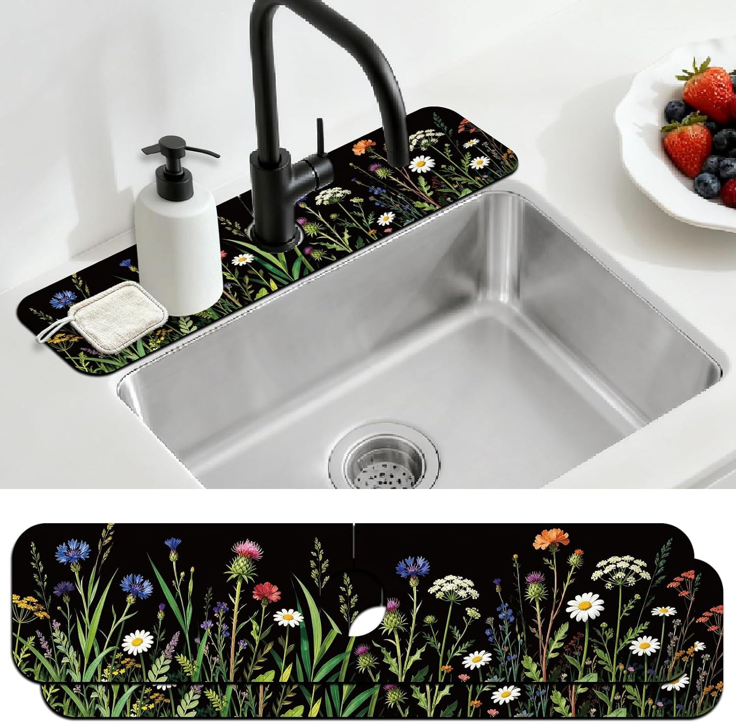 2Pcs Peonies Kitchen Sink Splash Guard Faucet Mat Vintage Florals Faucet Mat For Bathroom Kitchen 5.5x23.6In