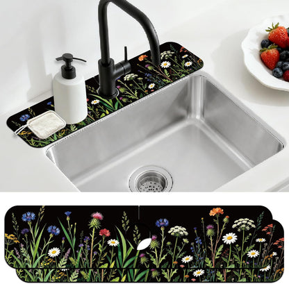 2Pcs Peonies Kitchen Sink Splash Guard Faucet Mat Vintage Florals Faucet Mat For Bathroom Kitchen 5.5x23.6In