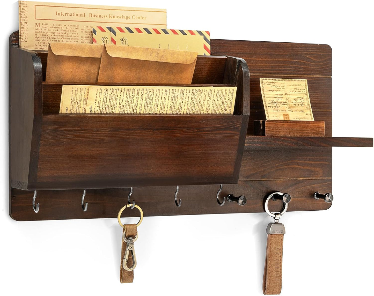 Rebee Vision Pine Wood Key Holder Wall Mount with Mail Sorter, Light Brown | Display Shelf, 8 Key Hooks, 3 Mail Sorters, Mail Organizer for Letters, Papers, Key Holder for Wall, Keep Entryways Tidy