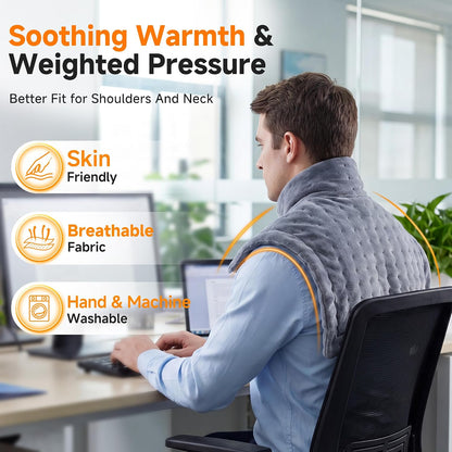 Weighted Heating Pad for Neck and Shoulders Back, Plug-in Heated Shoulder Wrap with 12V 2A Power Cord, No Battery Large Neck Heating Pad, 3 Heat Settings & Auto Shut Off, Ideal Gift for Mom and Dad