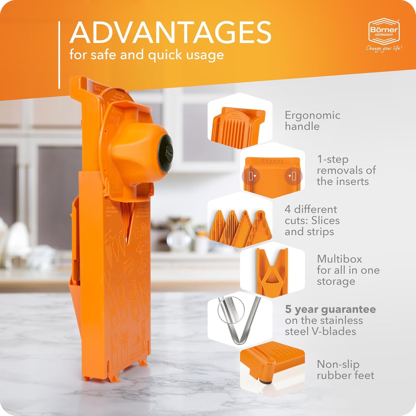 Mandoline Food Slicer Börner V3 (Starter Set) by Reston Lloyd • V-Slicer with Blade Storage & Safety Food Holder • Made in Germany • Fruit & Vegetable Chopper • Multiple Settings: White