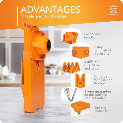 Mandoline Food Slicer Börner V3 (Starter Set) by Reston Lloyd • V-Slicer with Blade Storage & Safety Food Holder • Made in Germany • Fruit & Vegetable Chopper • Multiple Settings: White