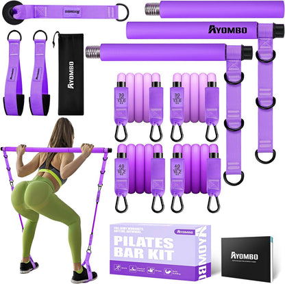 Ayombo Pilates Bar Kit with Resistance Bands, Pilates Workout Equipment for Legs, Hip, Waist, Arm, Squats Exercise Equipment for Home Workouts, Adjustable 3-Section Pilates Bar Kit for Women & Men