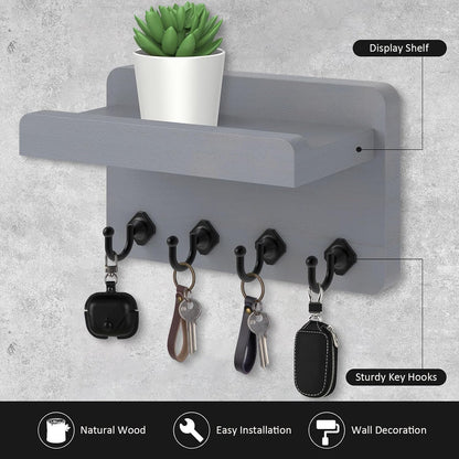 Nekon Key Holder Wall Mount, 8.5 Inch Small Wooden Wall Organizer, Black | Rustic Wall Shelf, Farmhouse Key and Mail Holder for Living Room Entryway Kitchen