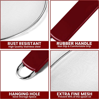 13" Grease Splatter Screen for Cooking | Stainless Steel Oil Splatter Guard and Ultra-Fine Mesh Protects Skin from Burns | TPR Tight-Grip Handle (Red)