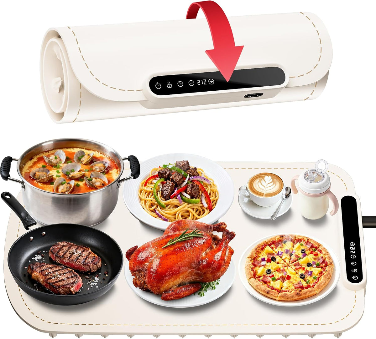 Warming Mat for Food, Upgraded Fast-Heating Electric Warming Tray with 7 Temp Levels & 8 Timers, Buffet Raised Feet & Rollable Silicone Heat Pad, Portable Food Warmer for Home, Party & Travel (Blue)