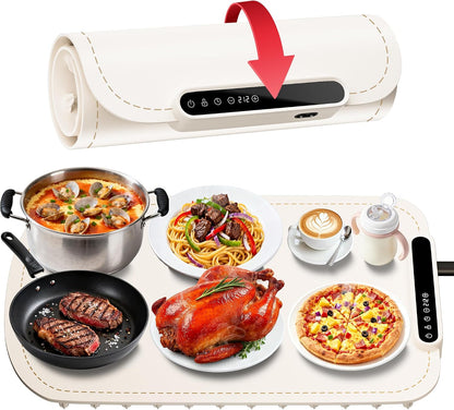 Warming Mat for Food, Upgraded Fast-Heating Electric Warming Tray with 7 Temp Levels & 8 Timers, Buffet Raised Feet & Rollable Silicone Heat Pad, Portable Food Warmer for Home, Party & Travel (Blue)